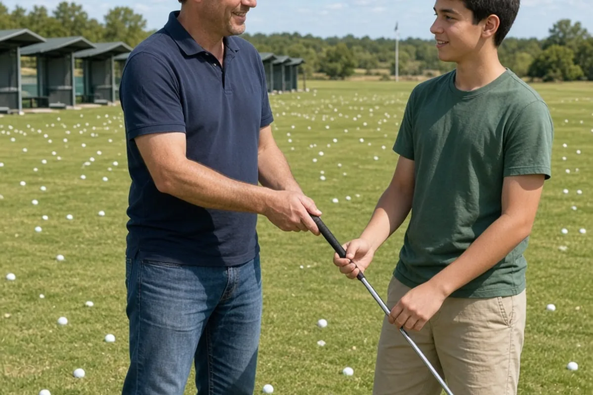 A middle-aged man handing a golf club to a teenage boy at a driving range with a bucket of golf balls nearby
