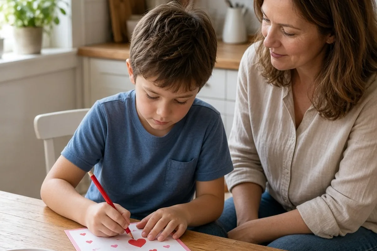 A mother and her seven-year-old son sit at a wooden kitchen table, the boy writing on a Valentine's Day card while the mother watches supportively.