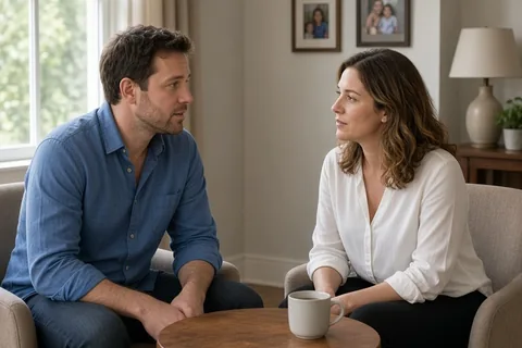 Marcus and Elena sitting at a table in an upstairs sitting area of a home, calmly talking to each other about family matters, natural light from the window