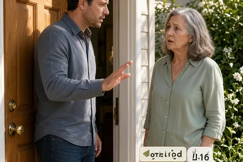 A man in his 30s with short dark hair wearing a casual button-up shirt standing at an open front door speaking to his older mother-in-law in her 60s with graying hair in a blouse standing on the porch