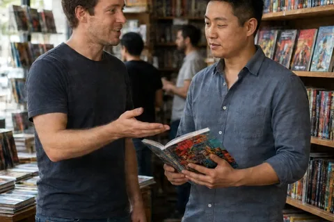Two adult men in their thirties walking side by side through a comic book store browsing shelves and looking at books