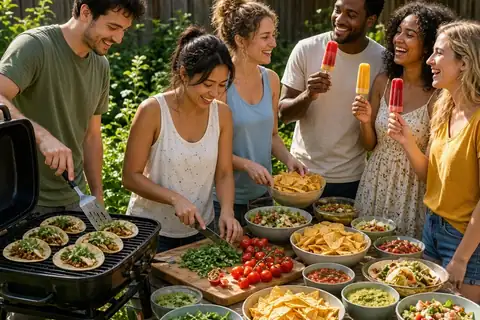 Five friends in a sunny backyard preparing tacos and eating homemade popsicles at a picnic table
