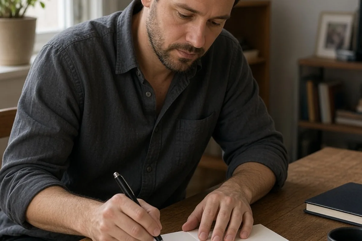A man with short dark hair wearing a dark gray button-up shirt writing a message in an open card at a desk