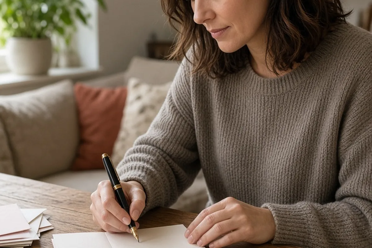 Woman writing in a blank Valentine's Day card at a wooden table in a living room with a pen.