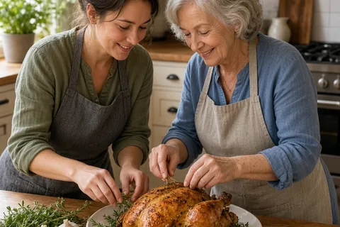 A woman in her thirties and an older woman in her sixties in a kitchen collaboratively preparing a golden roasted chicken on the counter