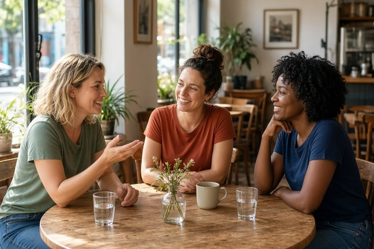 Three women sitting around a round table in a restaurant, chatting and gesturing to plan their outing.