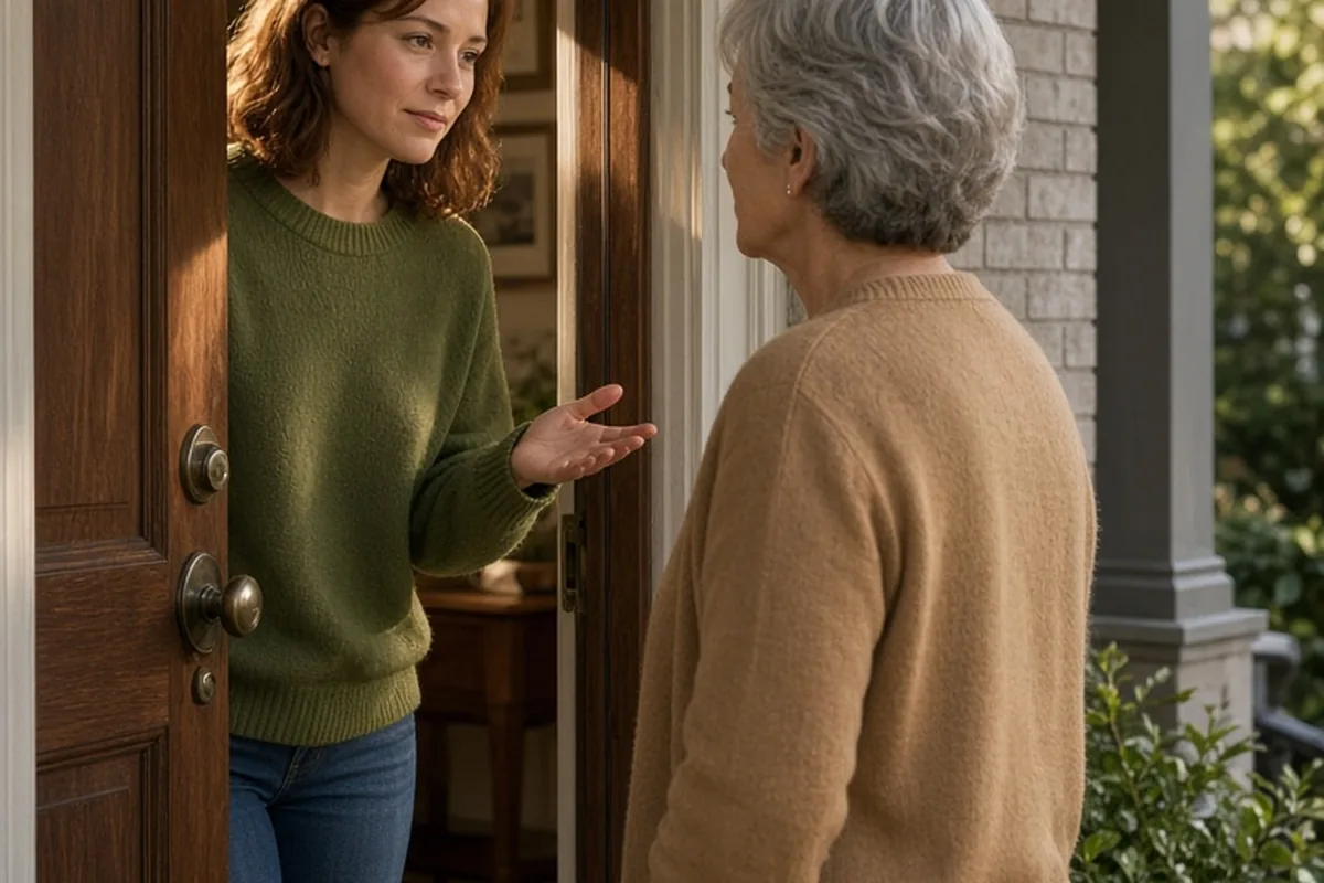 A woman in a green sweater standing at her front door speaking to her mother outside on a sunny morning