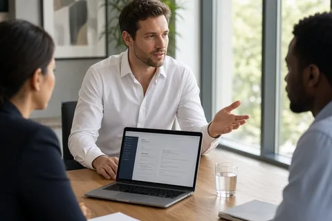 A man in his thirties with short brown hair wearing a white button-down shirt sitting at a conference table in an office, gesturing while speaking calmly about work deliverables