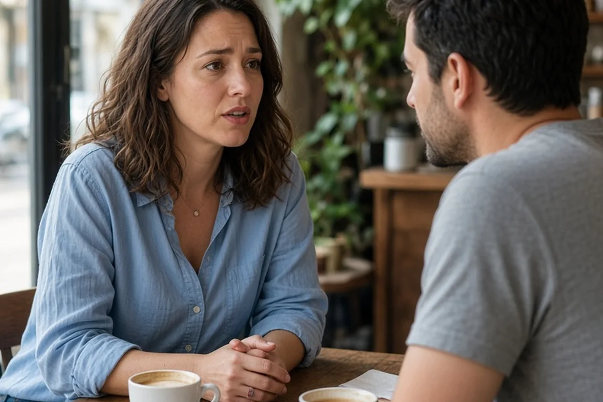 Woman and man at a cafe table, woman speaking about friendship boundaries to the man