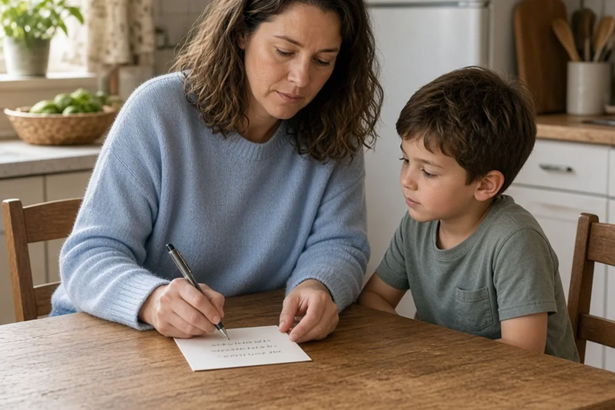 A single parent at a kitchen table writing on an index card with her son nearby in a home kitchen.