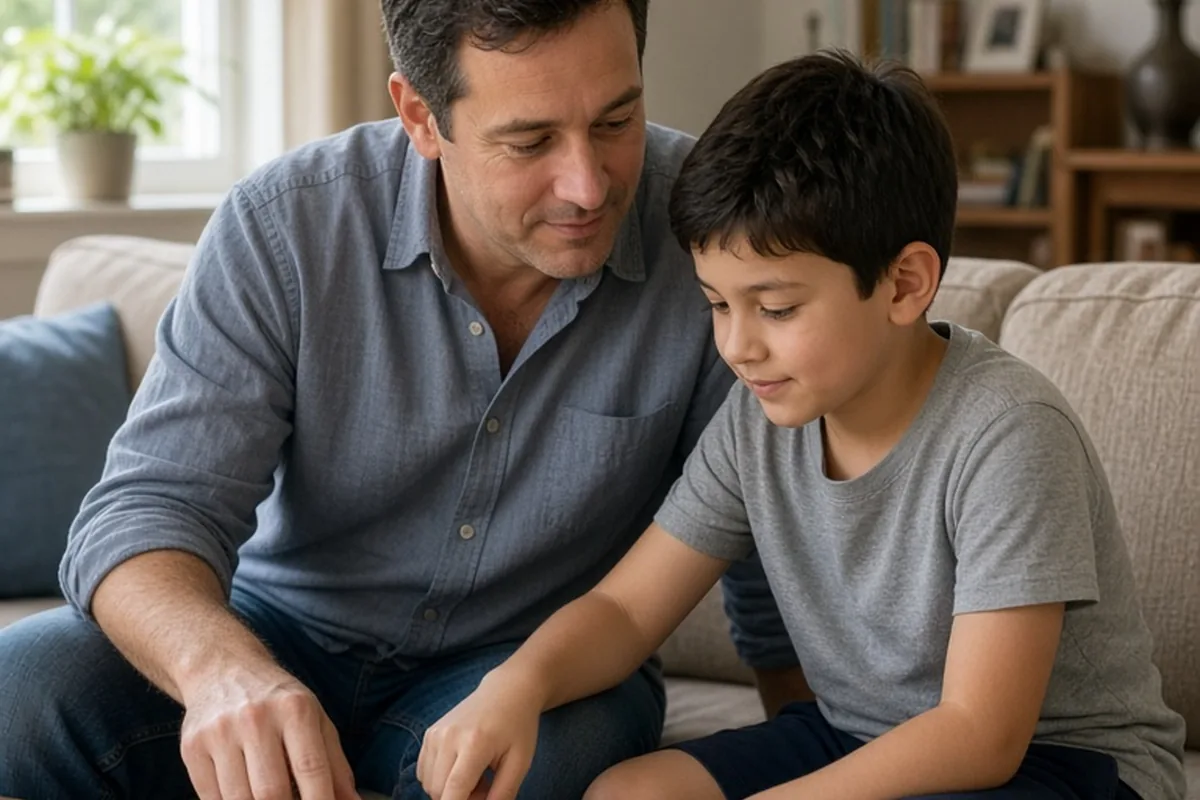 A father and his 10-year-old son sitting side by side on a couch in a living room, the boy pointing at a book while the father watches him, in a bright home setting.