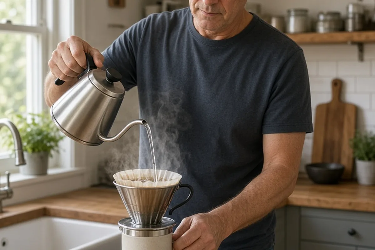 A clearly adult man in his mid-fifties with short graying hair pouring hot water into a pour-over coffee dripper in a kitchen