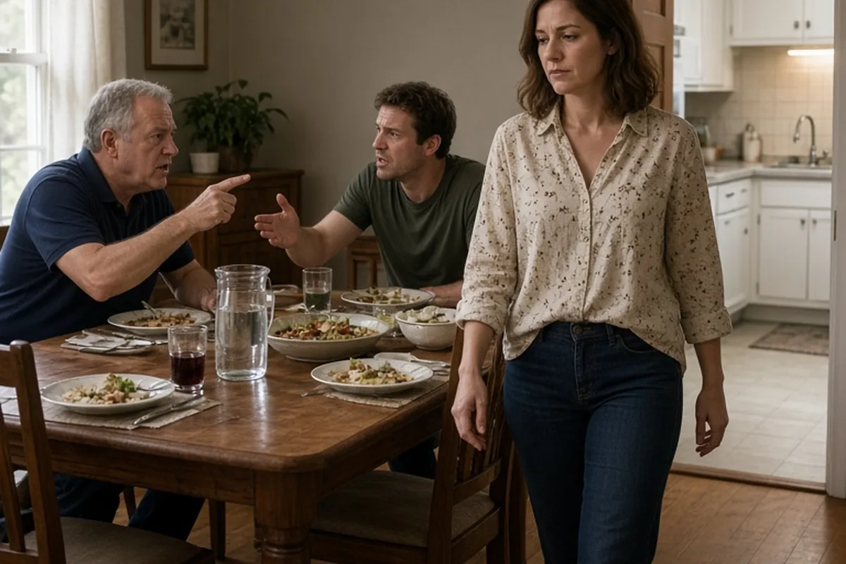 A woman walking to the kitchen at a family dinner table while her father and brother argue in the background