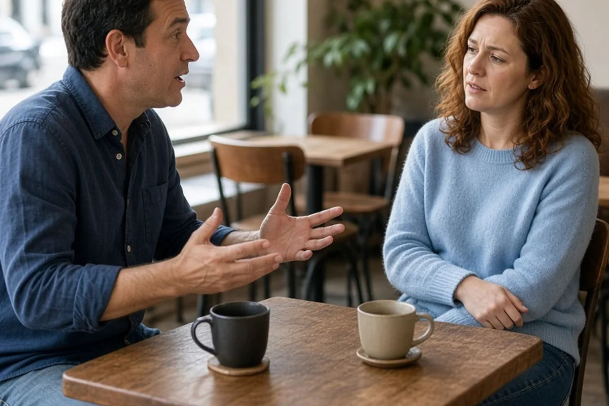 Two adults seated at a cafe table engaged in a one-sided conversation, the man talking about his work while the woman listens attentively but appears overwhelmed and tries to interject