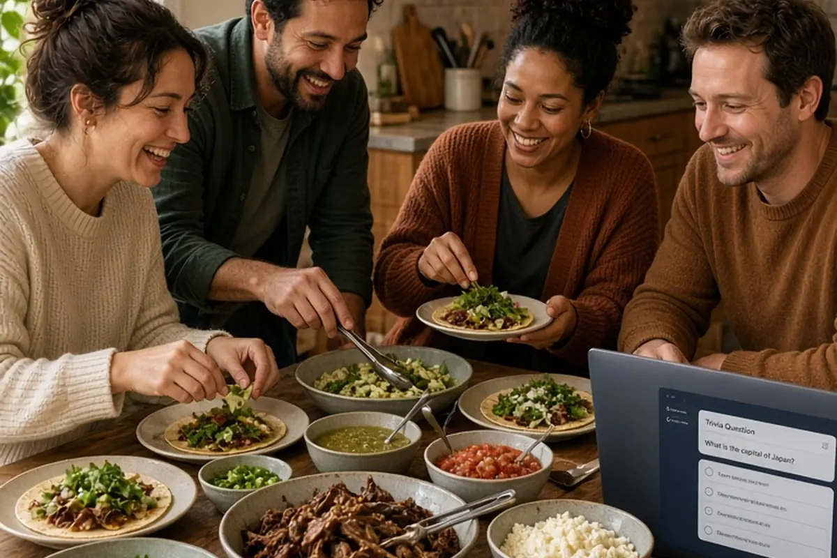Four friends in a kitchen building tacos at a station and playing trivia on a laptop