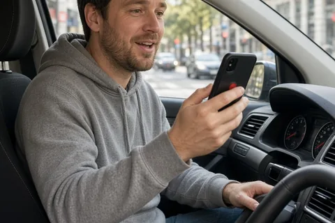 A clearly adult man in his thirties with short brown hair wearing a gray hoodie and jeans sits in a car holding a smartphone, recording a voice note with a focused expression, city view through the ca