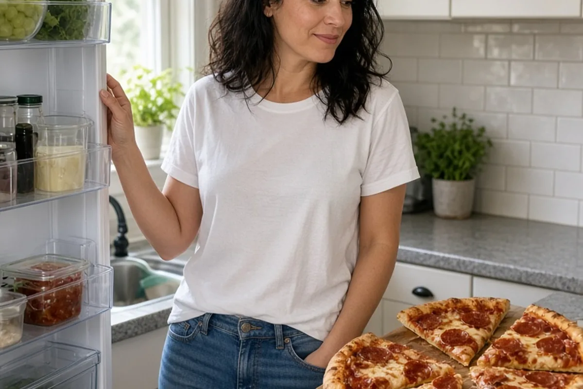 A clearly adult woman in her thirties with wavy dark hair in a home kitchen next to an open refrigerator with pizza slices on the counter, thoughtfully considering a text response