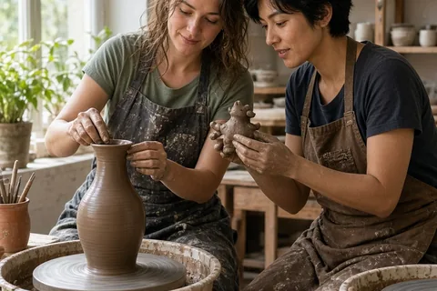Two women in their mid-twenties working on pottery wheels in a studio, one shaping clay and the other comparing a small figurine.