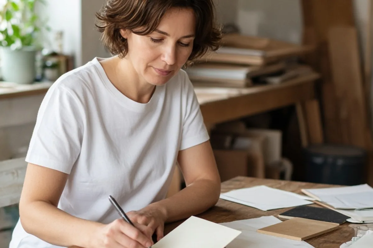 A woman writing in an open card at a kitchen table during a home renovation