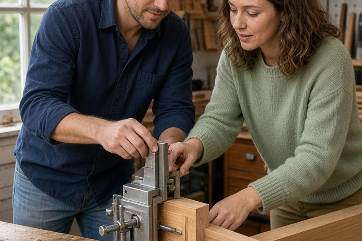 Two adults collaborating on a woodworking project in a workshop using a joint clamp to hold wood together